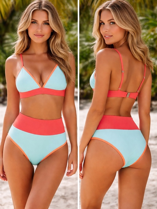 Other - Colorblock High Waist Bikini Set Coral & Turquoise Ribbed Size Small